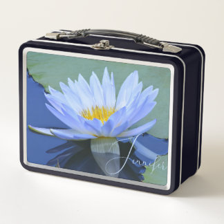Lovely Personalized Pale Blue Water Lily Metal Lunch Box