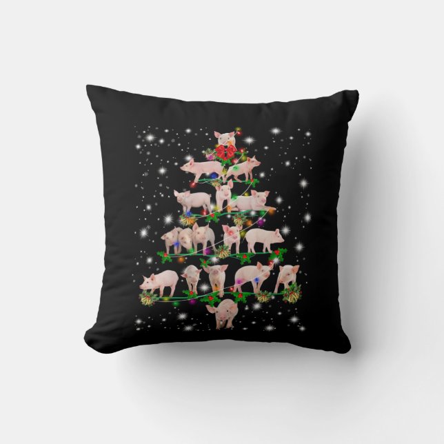 Lovely Pig Christmas Tree Covered By Flashlight Throw Pillow (Front)