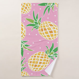 Lovely pineapple on grunge pink polka dots backgro bath towel