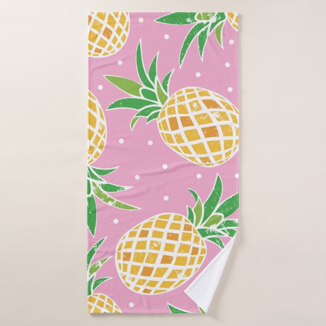 Lovely pineapple on grunge pink polka dots backgro bath towel (Bath Towel)