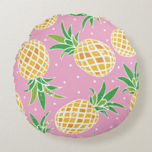 Lovely pineapple on grunge pink polka dots backgro round pillow