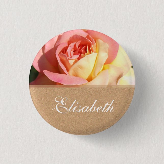 Lovely pink and yellow flower wedding name button. 1 inch round button (Front)