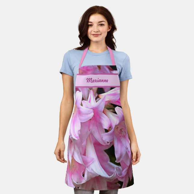 Lovely Pink Belladonna Amaryllis Lilies with Name Apron (Worn)