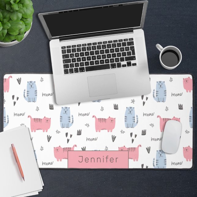 Lovely pink & blue cartoon cats with name desk mat (Creator Uploaded)