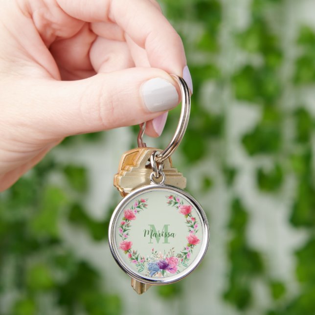 Lovely Pink Blue Purple Floral Wreath Monogrammed Keychain (Hand)