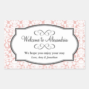 Lovely pink damask pattern out of town gift bag sticker