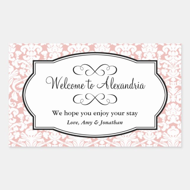 Lovely pink damask pattern out of town gift bag sticker (Front)