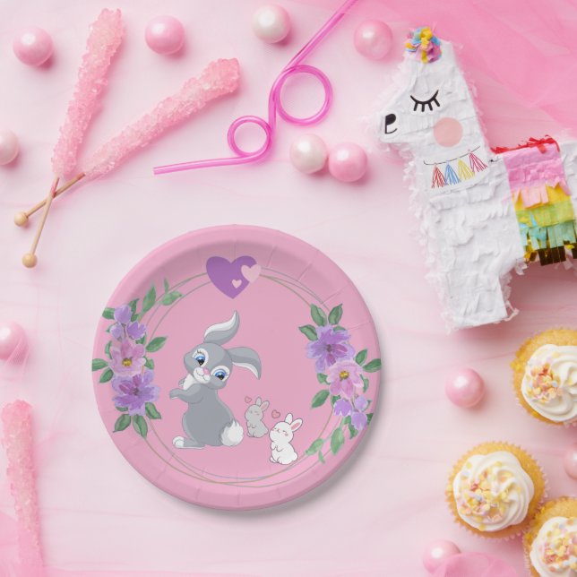 Lovely Pink Easter Bunny with Babies Paper Plate (Party)