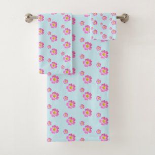Lovely Pink Flowers on Light Blue Bath Towel Set