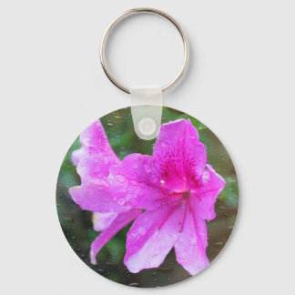 Lovely pink garden flowers with rain drops. floral keychain