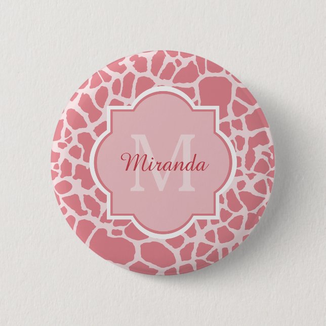 Lovely Pink Giraffe Pattern With Monogram and Name 2 Inch Round Button (Front)