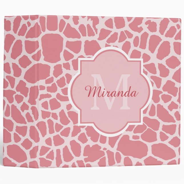 Lovely Pink Giraffe Pattern With Monogram and Name Binder (Front/Spine)