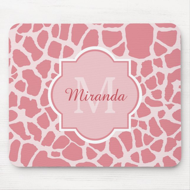 Lovely Pink Giraffe Pattern With Monogram and Name Mouse Pad (Front)