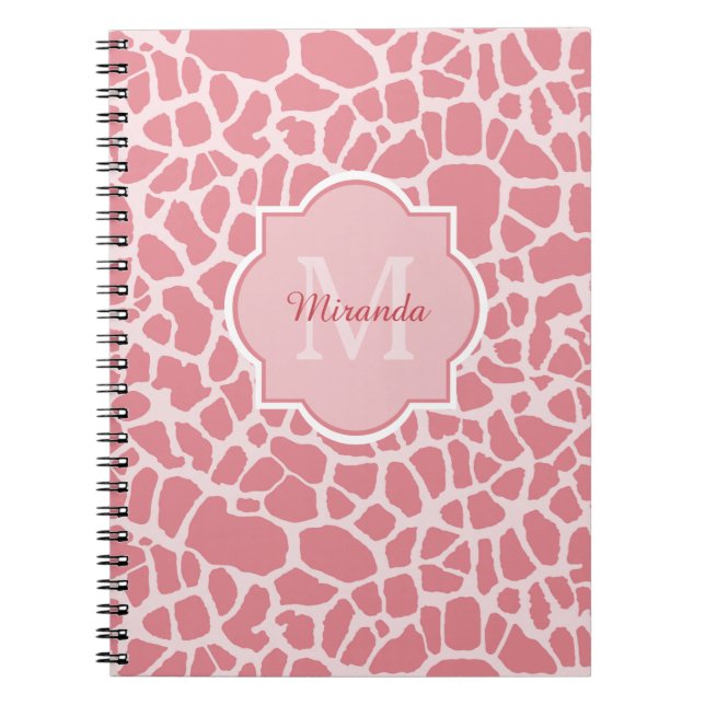 Lovely Pink Giraffe Pattern With Monogram and Name Notebook (Front)