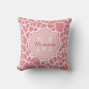 Lovely Pink Giraffe Pattern With Monogram and Name Throw Pillow
