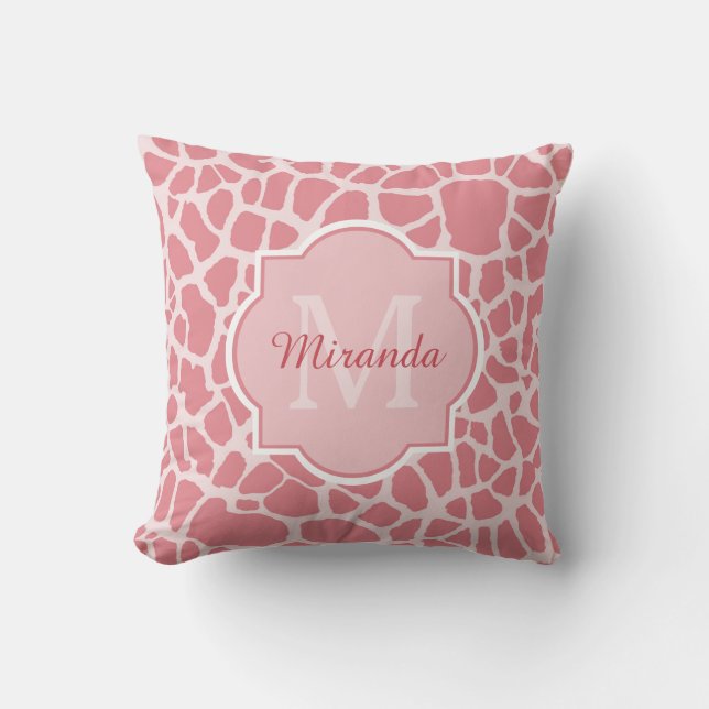 Lovely Pink Giraffe Pattern With Monogram and Name Throw Pillow (Front)