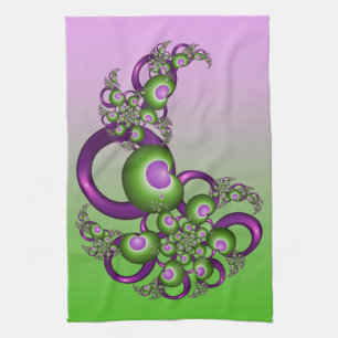 Lovely Pink Green Hearts Modern Abstract Fractal Kitchen Towel