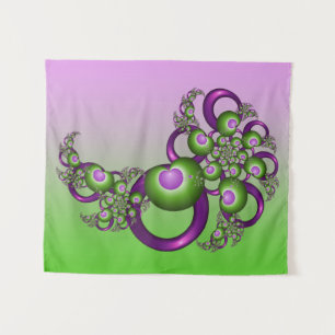 Lovely Pink Green Hearts Modern Abstract Fractal Tapestry