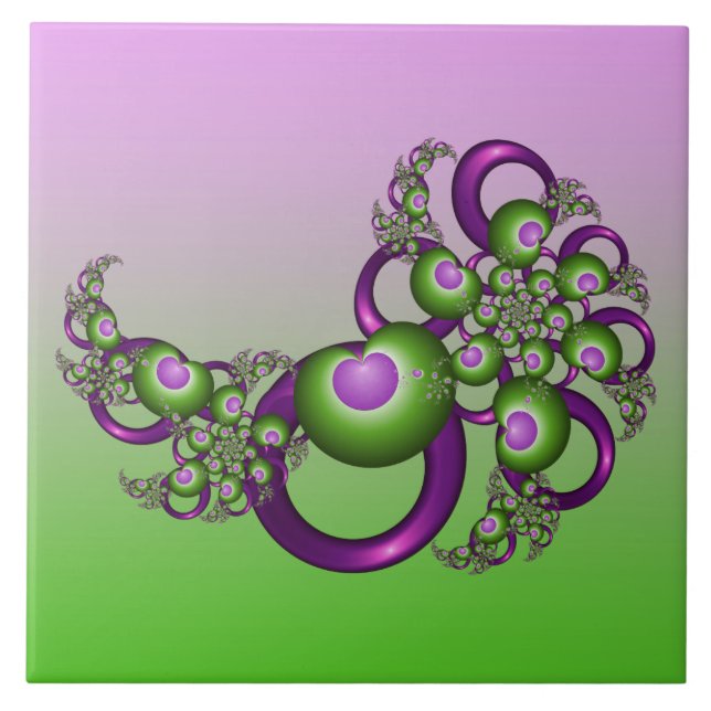 Lovely Pink Green Hearts Modern Abstract Fractal Tile (Front)