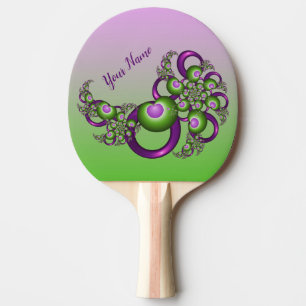 Lovely Pink Green Hearts Modern Fractal Name Ping Pong Paddle