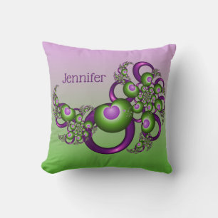 Lovely Pink Green Hearts Modern Fractal Name Throw Pillow