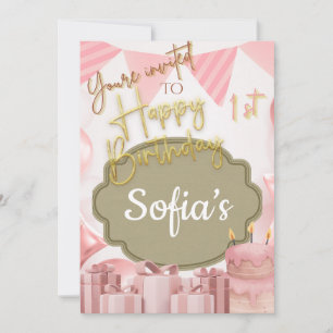 Lovely Pink Happy1st Invitation d'anniversaire
