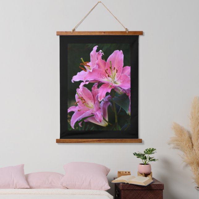 Lovely Pink Lily Blooms with Black Border Hanging Tapestry (Bedroom)