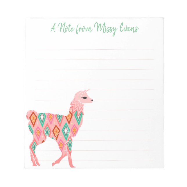 Lovely Pink Llama Personalized Lined Notepad (Front)