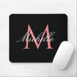 lovely pink monogram black mouse pad<br><div class="desc">Elegant pink colour monogram on a solid black colour with chic script lettering. You can change the colour and text.</div>