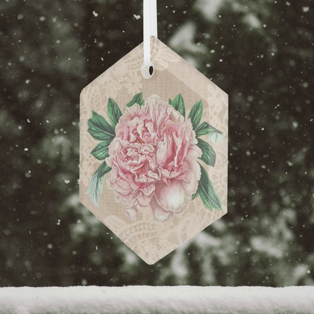 Lovely Pink Peony on Pink Faux Lace Glass Ornament (Creator Uploaded)