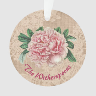 Lovely Pink Peony on Pink Faux Lace Ornament