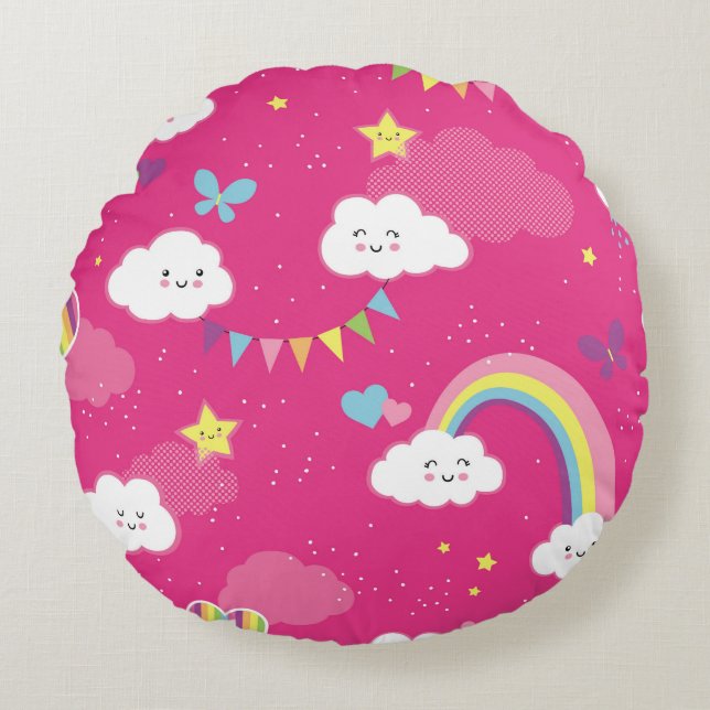Lovely Pink Rainbow Sky repeating pattern. A seaml Round Pillow (Front)