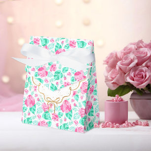 Lovely Pink Rose Floral Golden Bow Baby shower Favor Box