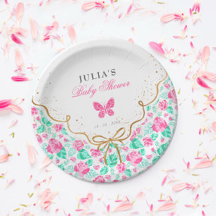 Lovely Pink Rose Floral Golden Bow Baby shower Paper Plate