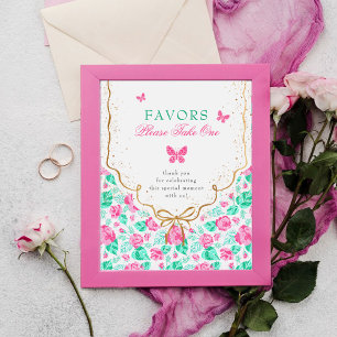 Lovely Pink Rose Floral Golden Bow Baby shower Poster