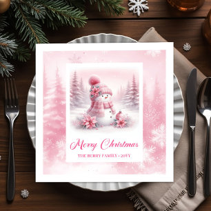 Lovely Pink Snowman Winter Forest Christmas Napkin