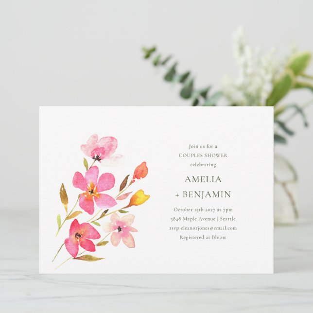 Lovely Pink Watercolor Floral Couples Shower Invitation (Standing Front)