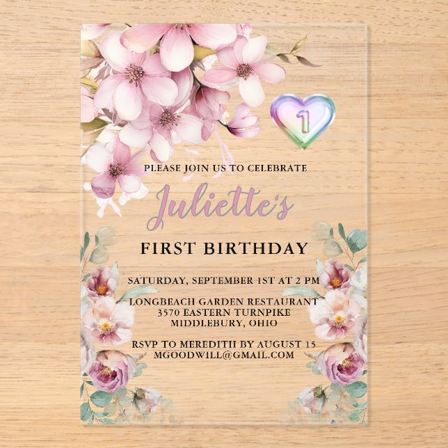 Lovely Pink Watercolor Flowers First Birthday Acrylic Invitations (Front)