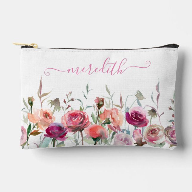 Lovely Pink Watercolor Flowers Garden Name Accessory Pouch (Front)