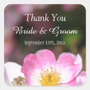 lovely pink wild rose flower wedding thank you square sticker