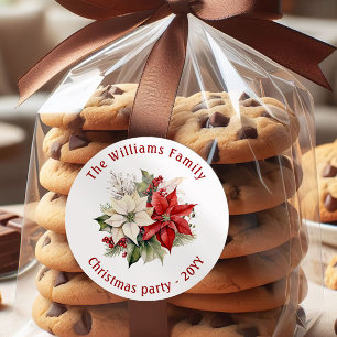 Lovely Poinsettia Floral Family Christmas Party  Classic Round Sticker