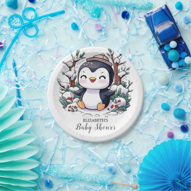 Lovely Pretty Penguin Baby Shower Paper Plate (Party)
