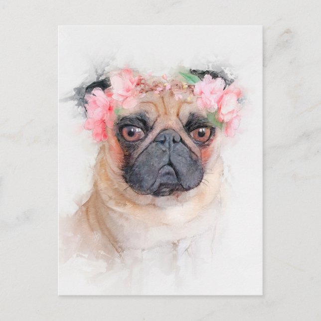 Lovely Pug Flower Crown Portrait Postcard (Front)