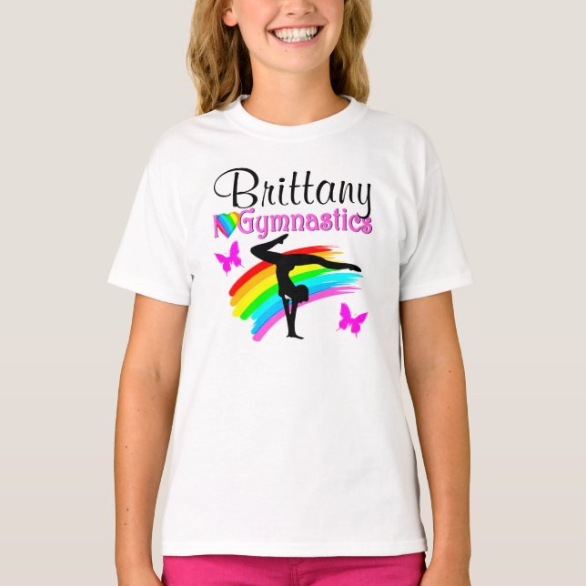 LOVELY RAINBOW AND BUTTERFLY PERSONALIZED GYMNAST T-Shirt (Front)