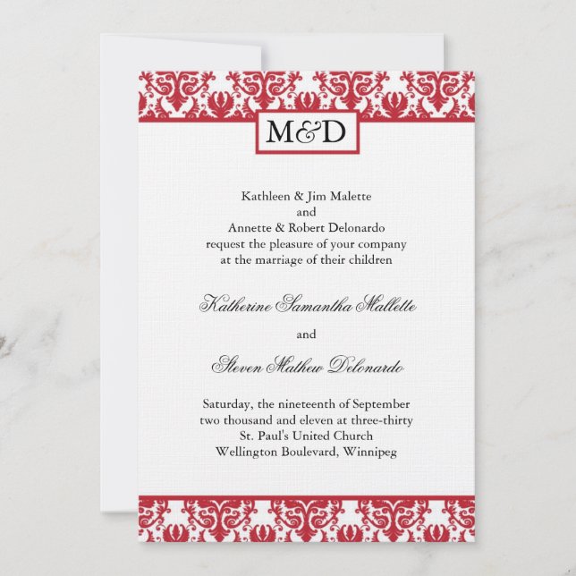 Lovely Red Damask Wedding Invitation (Front)