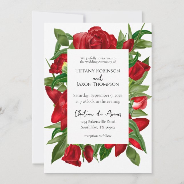Lovely Red Floral Bouquet Border Wedding Invitation (Front)
