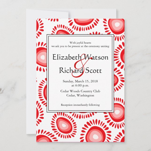 Lovely red funky flowers wedding invitation (Front)