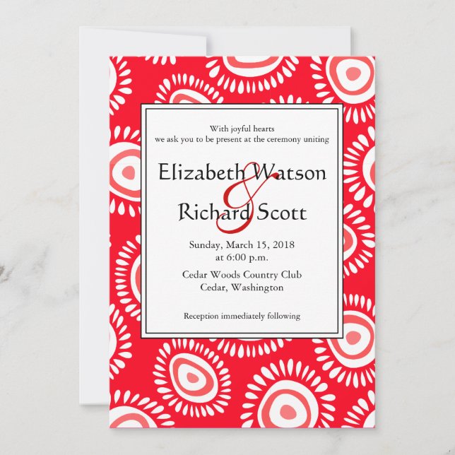 Lovely red funky flowers wedding invitation (Front)