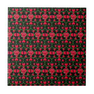 Lovely Red Hearts Roses Black Cute Valentines Day Tile