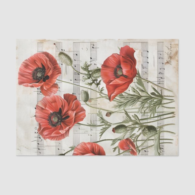 Lovely red poppies vintage music sheet ephemera (Front)